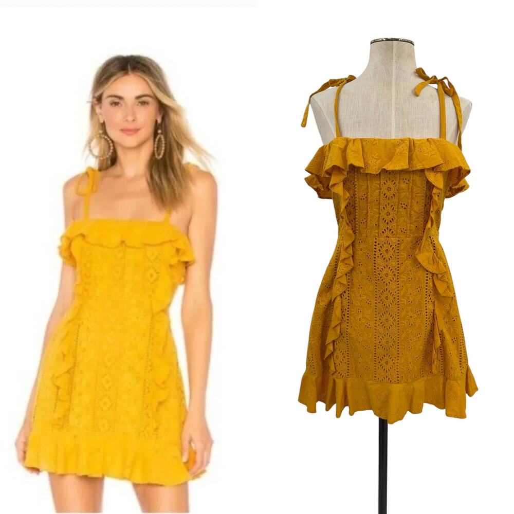 Majorelle Mara Eyelet Ruffle Mini Dress Mustard Yellow Tie Strap Size Small